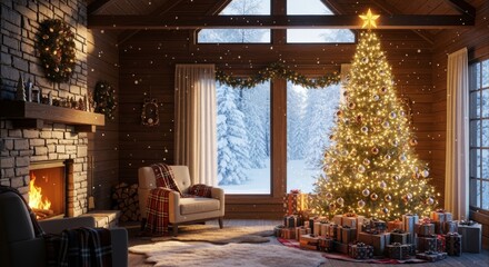 Glowing Christmas Tree with Presents in Cozy Rustic Winter Cabin