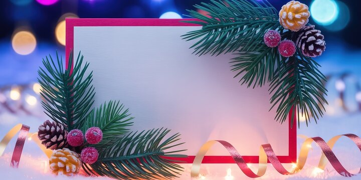 Festive Christmas arrangement with green pine twigs, red berries, and gold ribbon against bokeh lights - Powered by Adobe