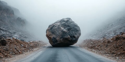 Naklejka premium Dramatic Mountain Landscape Featuring a Huge, Round Rock Obstructing Dangerous Passageways Ahead