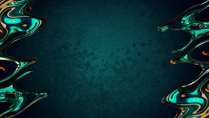 Dark Emerald Green Abstract Liquid Flowing Shapes and Shiny Chrome Edges on Grunge Textured Background for Modern Marketing Presentation or Banner