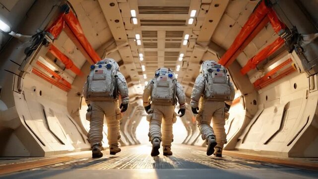 Cosmic Pioneers: Three astronauts, geared in specialized suits, advance along an interior passage of a space station, embarking on an expedition through the cosmos. The image projects exploration. 