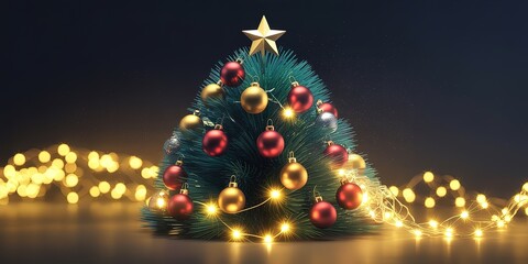Decorated turquoise tree shines brightly with gold star and red ornaments on a dark background