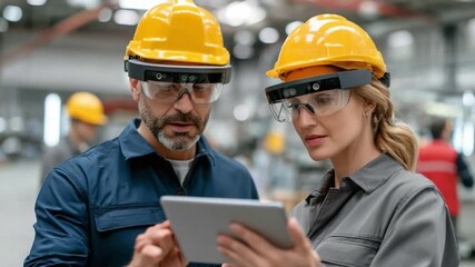 Innovation in Focus: A dynamic duo of engineers, equipped with futuristic augmented reality glasses and protective gear, collaborate intently in a bustling factory setting, using a tablet