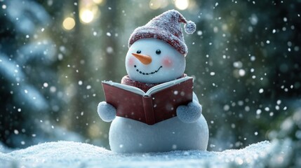 Cute smiling snowman reading a book in a snowy winter forest, symbolizing holiday magic, children’s illustration, and festive Christmas mood. Perfect for seasonal cards