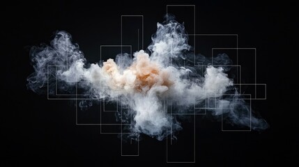 An abstract composition featuring a dynamic explosion of white and orange smoke against a solid black background, overlaid with a network of thin, white geometr
