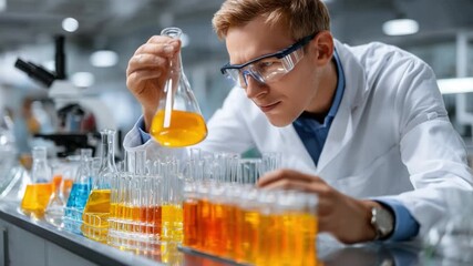 Scientific Precision: A dedicated scientist meticulously examines a chemical reaction within a laboratory, surrounded by various beakers and test tubes filled with colorful solutions. - Powered by Adobe