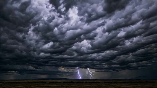 Stormy Sky and Lightning: Dramatic display of nature's raw power, with ominous dark clouds looming over the expansive landscape, punctuated by strikes of lightning