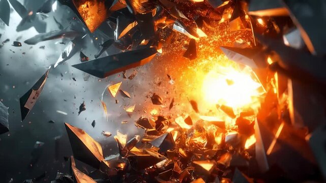 Cinematic Animation of a chaotic, abstract explosion of sharp, metallic shrapnel suspended mid-air, each piece reflecting intense, fragmented light.