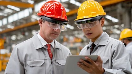 Factory Collaboration: Two engineers in protective headgear analyze technical data on a digital tablet in a modern factory setting. The image speaks of innovation, teamwork, and industrial expertise. - Powered by Adobe