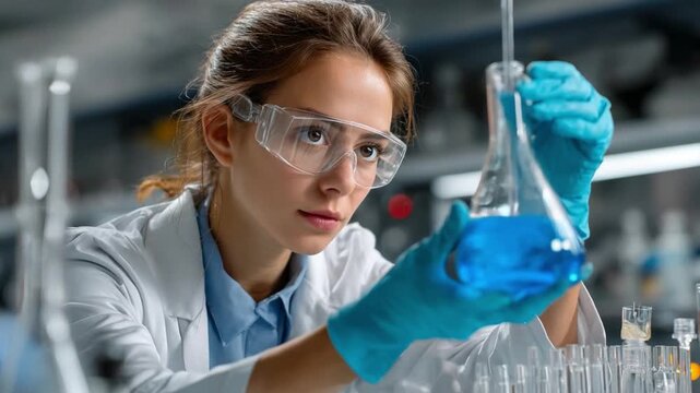 Scientist in the Lab: A focused scientist, shielded by safety glasses and gloves, meticulously examines a vibrant blue liquid in a conical flask.
