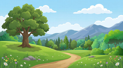 Idyllic Countryside Landscape With Winding Path Through Green Meadows And Mountains