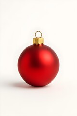 isolated red Christmas ornament ball on clean white background, minimal studio lighting, glossy smooth surface, soft natural shadow,  holiday object, simple modern design
