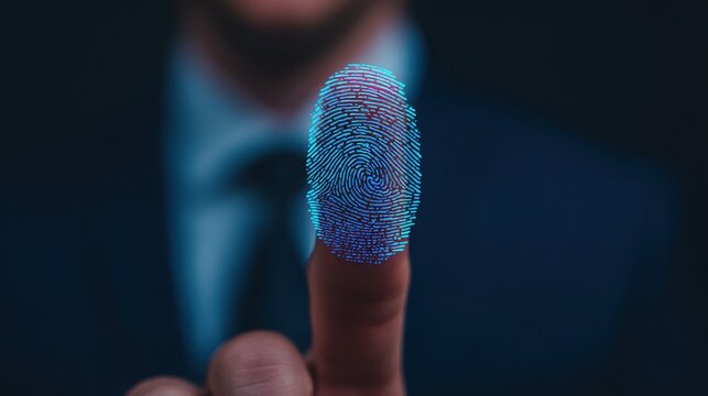 Businessman scanning fingerprint on virtual interface in office environment professional setting technology concept