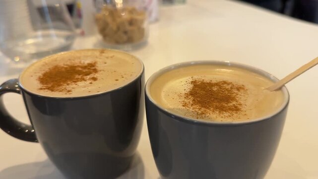 cinnamon spice for your milk coffee benefits of cinnamon Thursday traditions gray coffee cups decorating chocolate sprinkles cafe