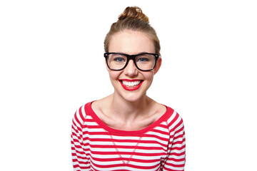 Glasses, happy and student with portrait of woman in studio for college application, knowledge and mindset. Scholarship, academy pride and eyewear with person on white background space for course