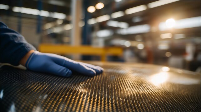 A close-up of carbon-fiber composite panels being inspected under bright workshop lights, the technician’s gloved hand running across the textured weave pattern — advanced materials engineering,