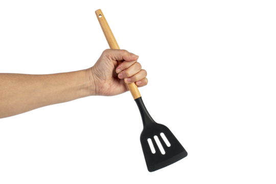 Hand holding kitchen utensils on transparent background