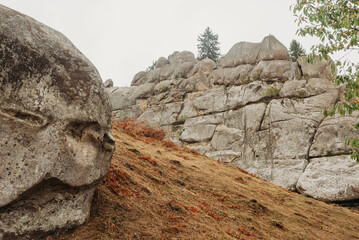 Rock formations of Tustan fortress in the Carpathian Mountains, Ukraine &mdash; ancient sandstone cliffs and natural landscape