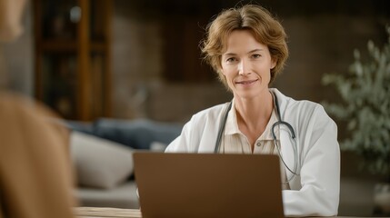 A patient-friendly telemedicine session where a physician speaks gently through a laptop screen, using clear language while the patient sits relaxed at home — remote care accessibility, digital