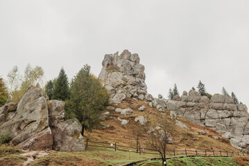 Rock formations of Tustan fortress in the Carpathian Mountains, Ukraine — ancient sandstone cliffs and natural landscape