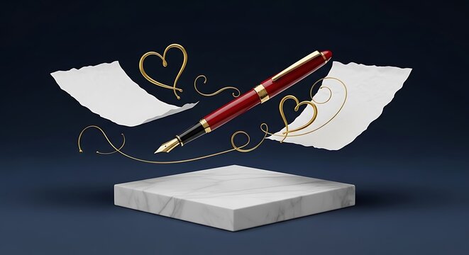 Elegant Red Fountain Pen on Marble Pedestal with Gold Hearts and Paper writing calligraphy