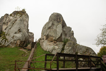 Rock formations of Tustan fortress in the Carpathian Mountains, Ukraine &mdash; ancient sandstone cliffs and natural landscape