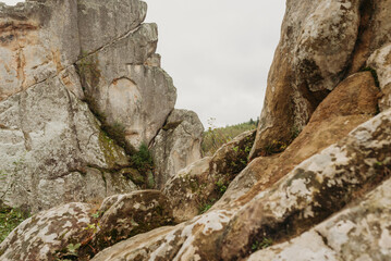 Rock formations of Tustan fortress in the Carpathian Mountains, Ukraine — ancient sandstone cliffs and natural landscape