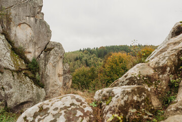 Rock formations of Tustan fortress in the Carpathian Mountains, Ukraine — ancient sandstone cliffs and natural landscape