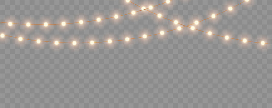 Christmas lights with glowing bulbs. Bright garland decoration for holiday. Gold Christmas and New Year bright garlands on transparent background, led light strips