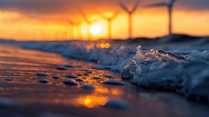 Close-up of ocean waves and foam on a sandy beach with wind turbines in the background during a vibrant sunset.