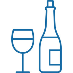 Blue Outline Icon of a Wine Bottle and Wine Glass Isolated on a Transparent Background Representing Alcoholic Beverages and Celebration
