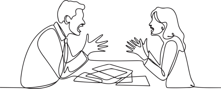 Continuous line drawing of a man and woman angrily arguing across a desk with documents. Concept of workplace disagreement. one line Icon drawing with white background