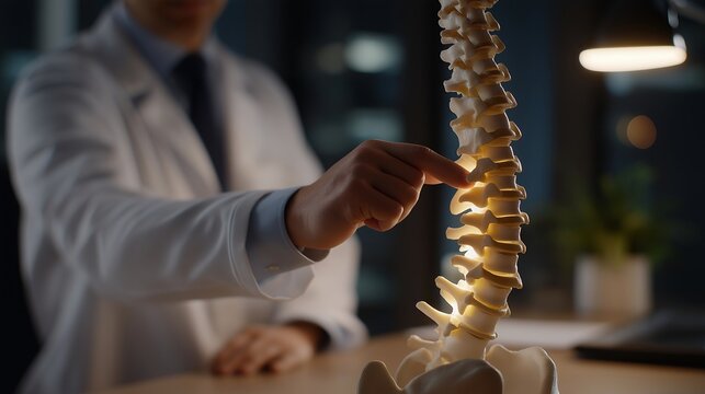 A close-up of a 3D-printed human spine model on a doctor’s desk, vertebrae and discs illuminated under soft light while a clinician points to a specific section during a consultation — orthopedic