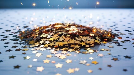 Golden star confetti is scattered artistically on light blue surface with some beautiful sparkles shining