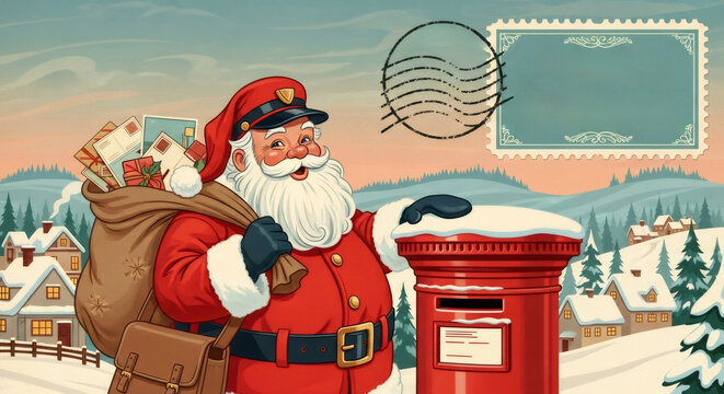 Santa Claus delivering Christmas mail in snowy village with red post box and blank stamp. Holiday season postage and greeting card concept. - Powered by Adobe