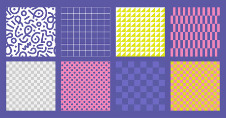 Set of geometric seamless patterns. abstract transparent effects and trendy checkered prints. Perfect for modern branding, posters, packaging, web and social media design.