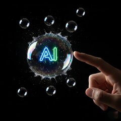 Finger touching glowing AI bubble on black background, ai investment risk and stock market decision concept