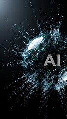 Exploding AI stock market bubble with water splash on dark background, bubble burst concept 