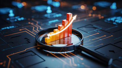 Analyze business growth with a magnifying glass and rising chart, visualize success, financial strategy, data analysis, and positive trends in a tech environment