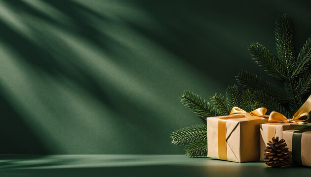 Elegant Christmas gifts with golden ribbons and pine cone create festive holiday cheer, perfect for seasonal greetings and gift promotions, ready for download