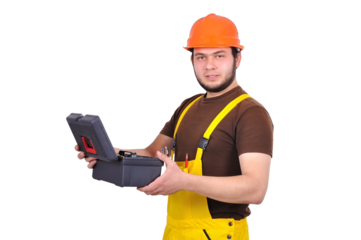 A engineer in a work suit and an orange helmet with a toolbox in his hands.