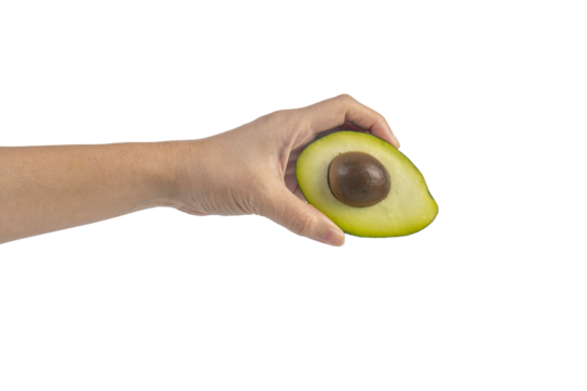 whole and half avocado and hand isolated on transparent background close-up. - Powered by Adobe