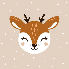 Deer cute boho portrait. Winter poster, logo, kids room decor, t-shirt design, print. Perfect for greeting card, invitation, print design, baby shower, t-shirt logo. Children’s illustrations. Winter