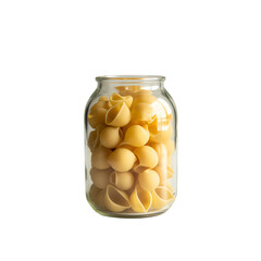 Glass Jar Filled with Conchiglie Pasta Shells | Minimalist Food Storage Jar of Uncooked Shell Pasta | Close-Up Studio Shot of Pasta in Clear Glass Container