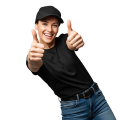 Enthusiastic Woman Wearing Black T-Shirt And Baseball Cap Giving Two Thumbs Up Sign For Approval, Success, And Agreement, Isolated On Transparent Background, PNG