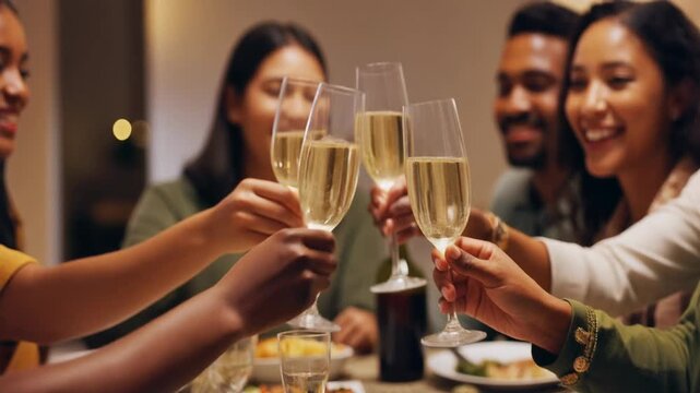 Group of friends toasting with champagne glasses. Happy people celebrating. Social gathering. Wine glasses. Friends cheering. Table with food and drink. Indoor party. Celebration moment.