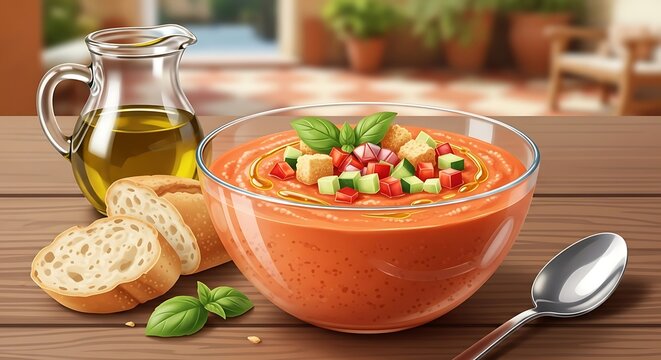 Refreshing Gazpacho Soup with Olive Oil and Bread.