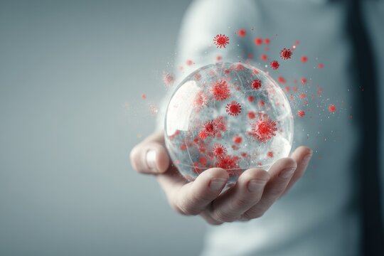 Hand holding transparent globe with red virus particles escaping.