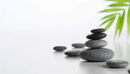 Fototapeta premium Zen balanced stone tower with tropical palm fronds creating peaceful spa meditation atmosphere