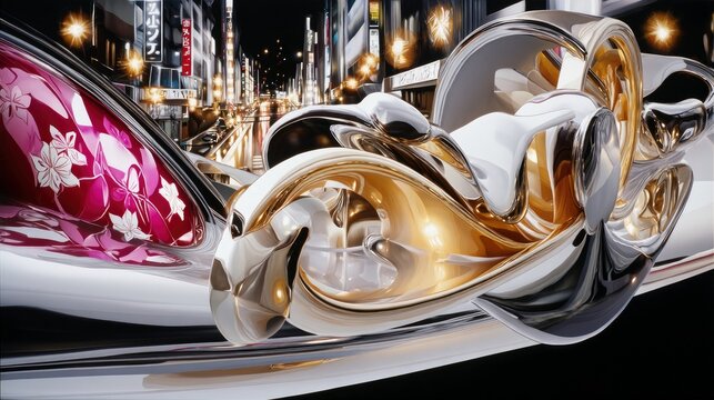 A highly reflective, abstract sculpture with gold and silver metallic finishes, featuring a pink section with a floral pattern, set against a blurred background